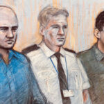 Tranh phác họa Nica (trái) và Harrison (phải) trong một phiên xét xử đầu tháng 12. Ảnh: Belfast Telegraph.